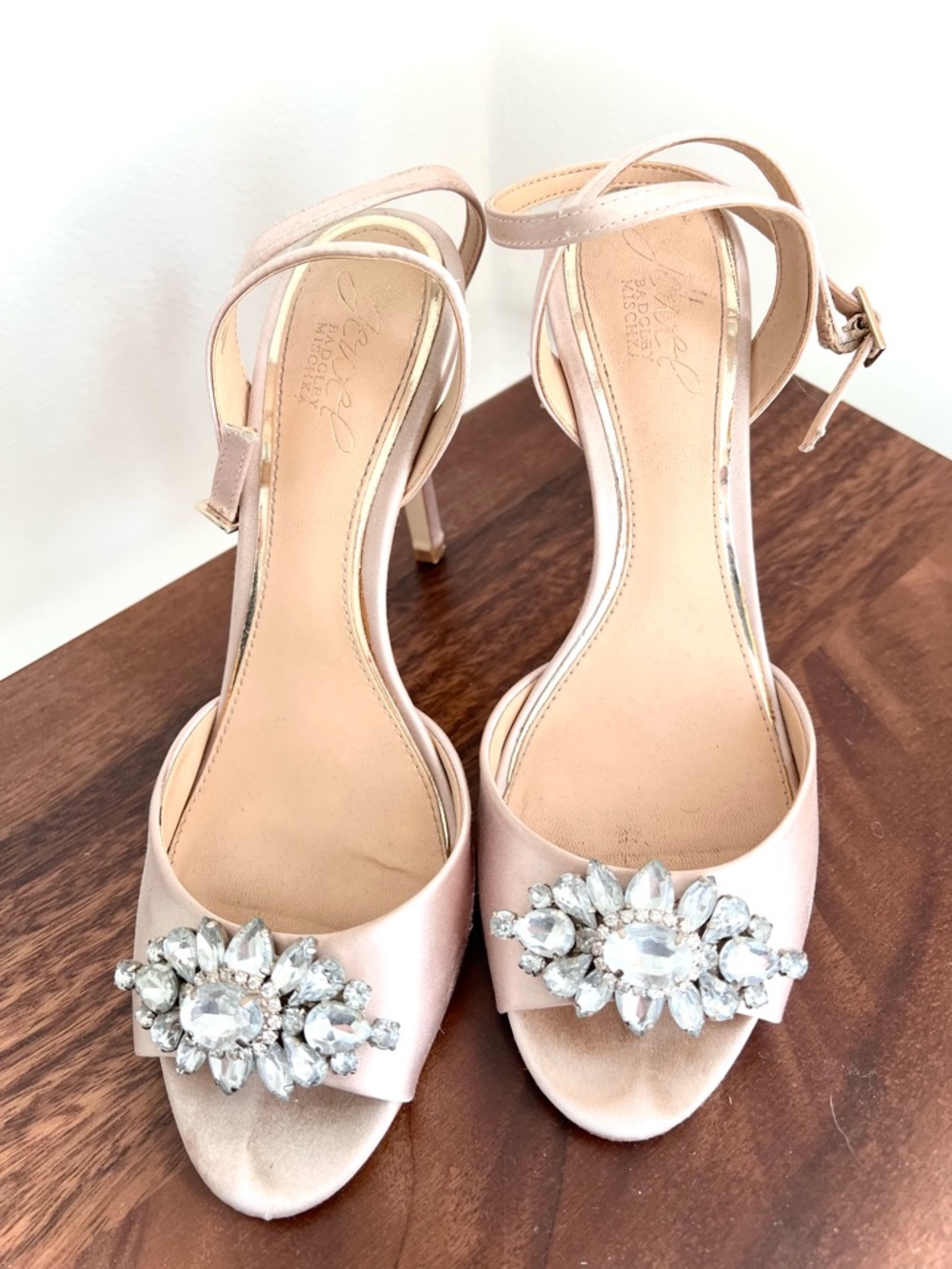 Badgley Mischka Pink Satin Crystal-Embellished Open-Toe Ankle Strap Heels